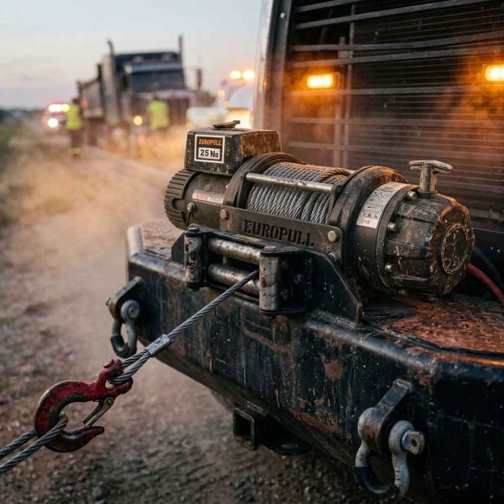Europull EWB 25000 24V DC Electric Winch Mounted On The Steel Bumper Of A Recovery Tow Truck Onshore