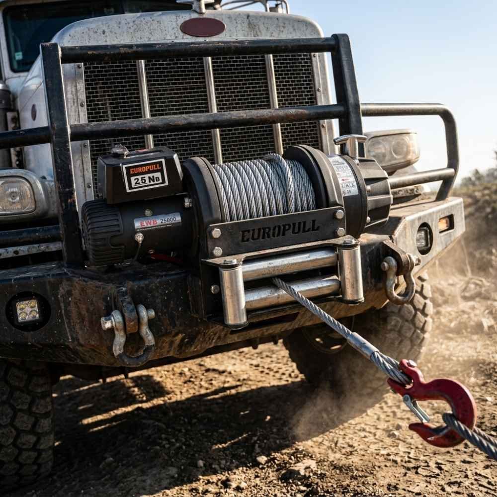 Europull EWB 25000 Heavy Duty 24V DC Electric Winch Mounted On The Bumper Of A 10 Ton Recovery Onshore