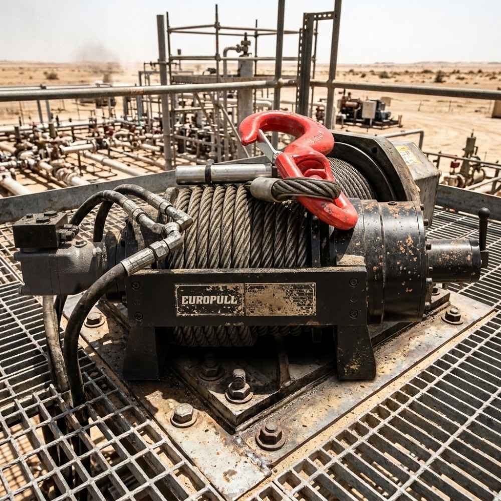 Europull HWE 200 Hydraulic Winch Installed On Metal Grating At A Middle Eastern Oilfield Facility Onshore