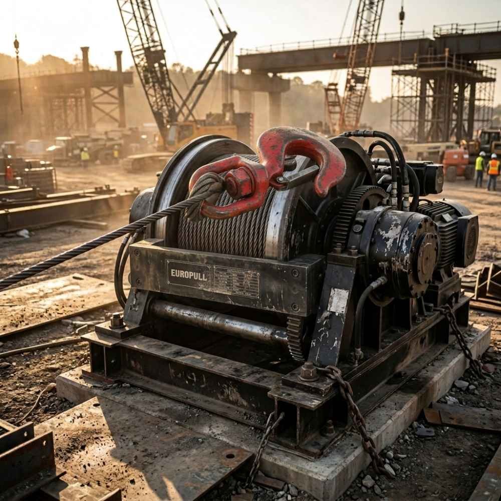 Europull HWE 300 Industrial Hydraulic Winch Anchoring A Heavy Wire Rope On A Construction Site Onshore