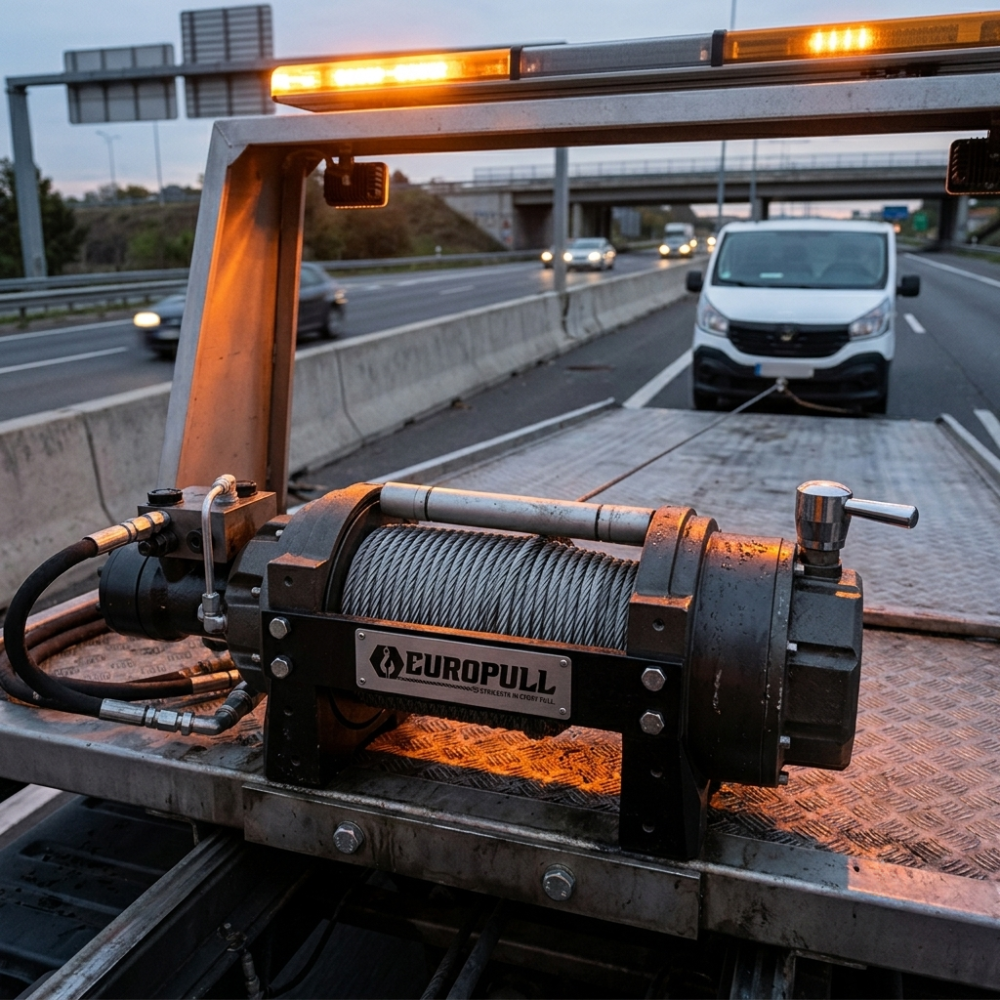 Europull HWV 15000 Hydraulic Winch Actively Loading A Vehicle Onto A 7 Ton Recovery Truck Bed Onshore