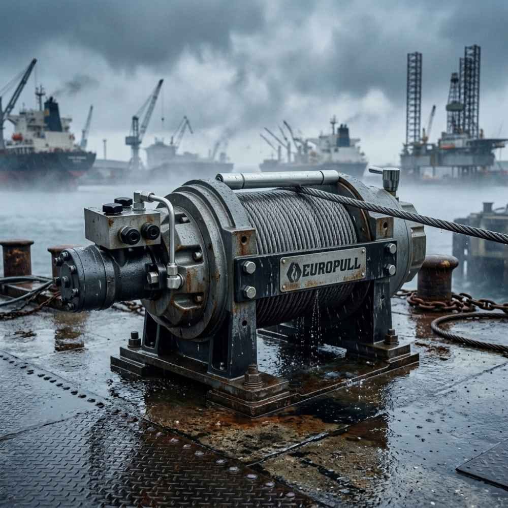 IP67 Waterproof Europull HWV 15000 Hydraulic Winch Operating On A Wet Dockside At A Shipyard Onshore